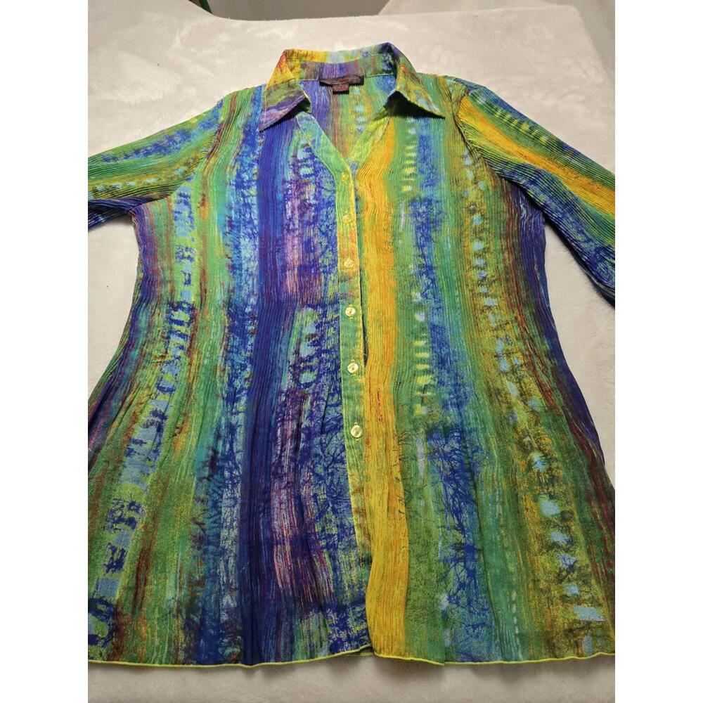 PLEATS COLLECTION Multi Color Striped Puckered Stretchy Button Down Shirt Size L
